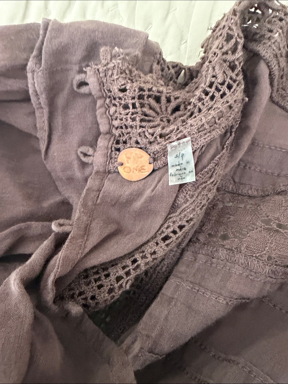 Free People Brownish Purple Lace-Trim Peasant Blouse - Women's Top BOHO western - Picture 7 of 7
